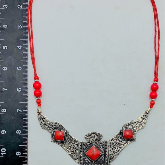 Red Tibetan Coral Gemstone Handmade Necklace,Beaded Chain Nepalese Style Necklac - Picture 4 of 10